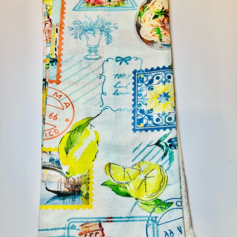 2 Italian Theme Kitchen Tea Towels Lemons Amalfi Coast Landmarks Food Postmarks - Picture 7 of 12